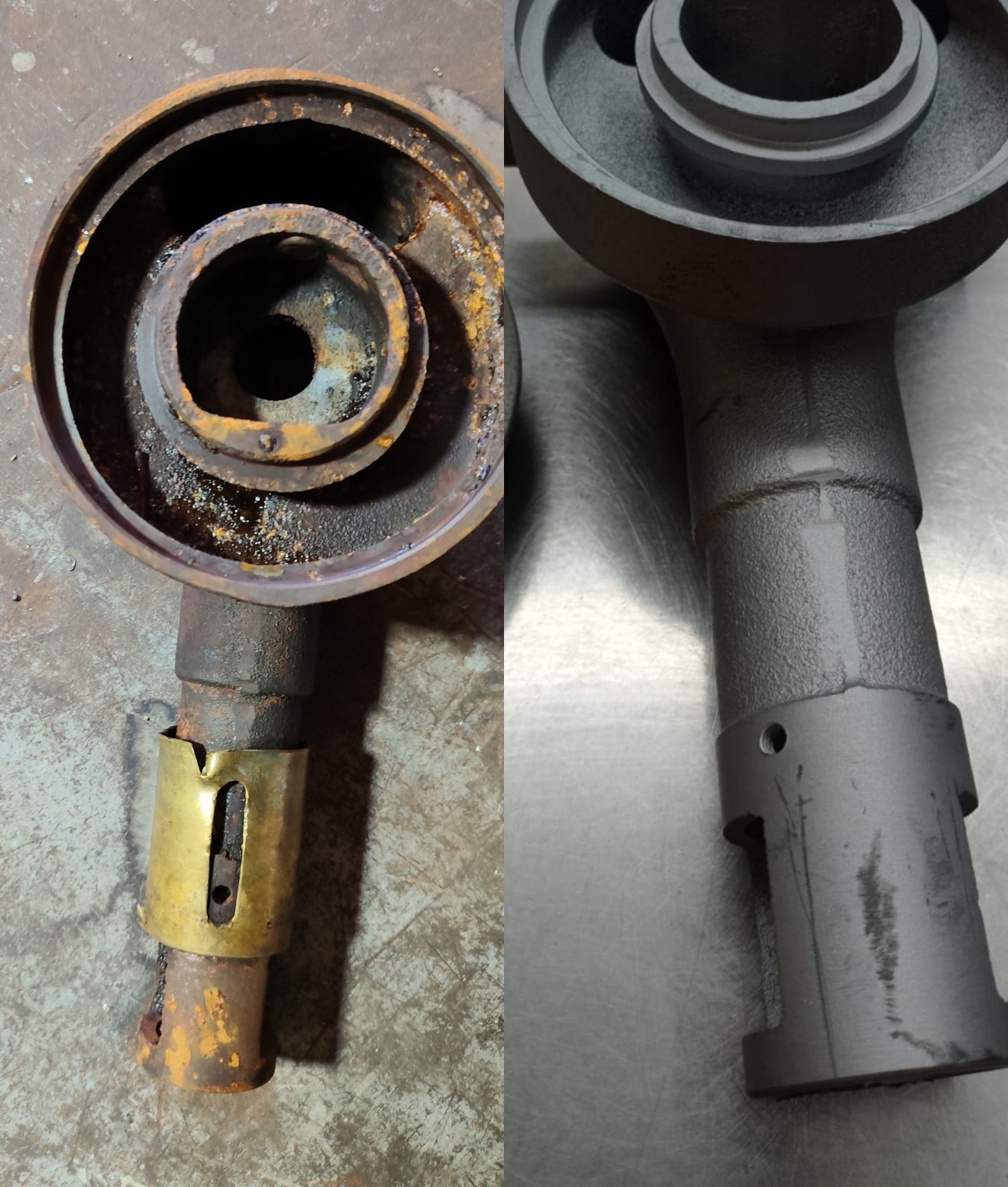 Quemador industrial sucio y oxidado a la izquierda y limpio tras el láser a la derecha